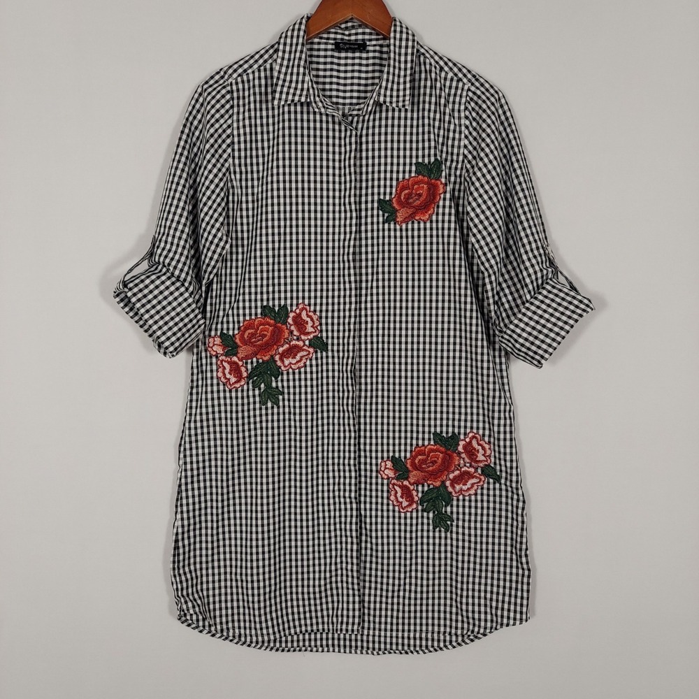 Gingham Embroidered Rose Shirt Dress Black White Roll Tab Sleeve Button Cotton M